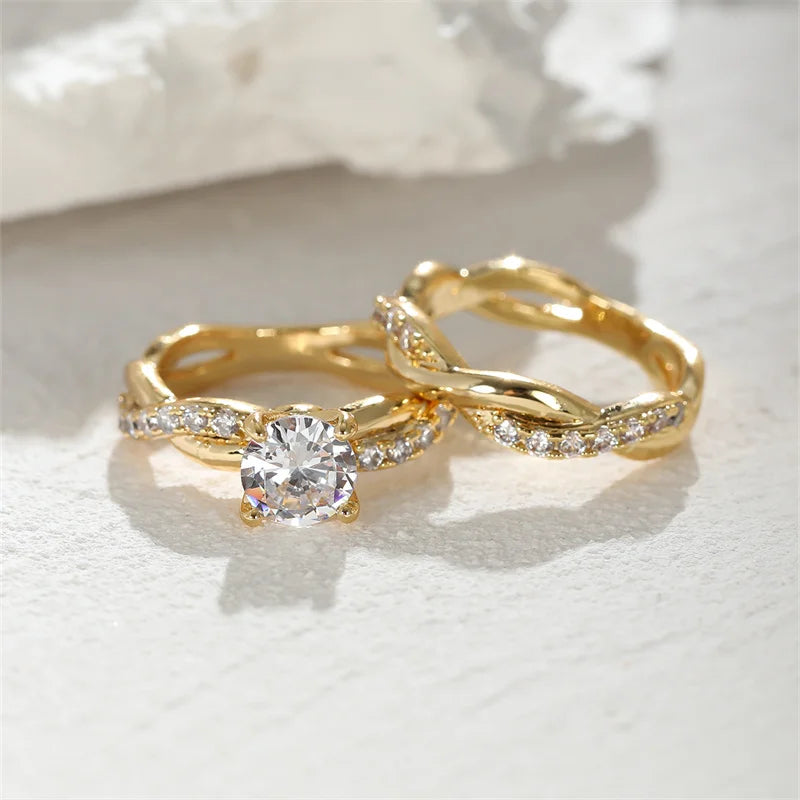 Elegant Zircon Wedding Ring Set for Women - Gold & Silver