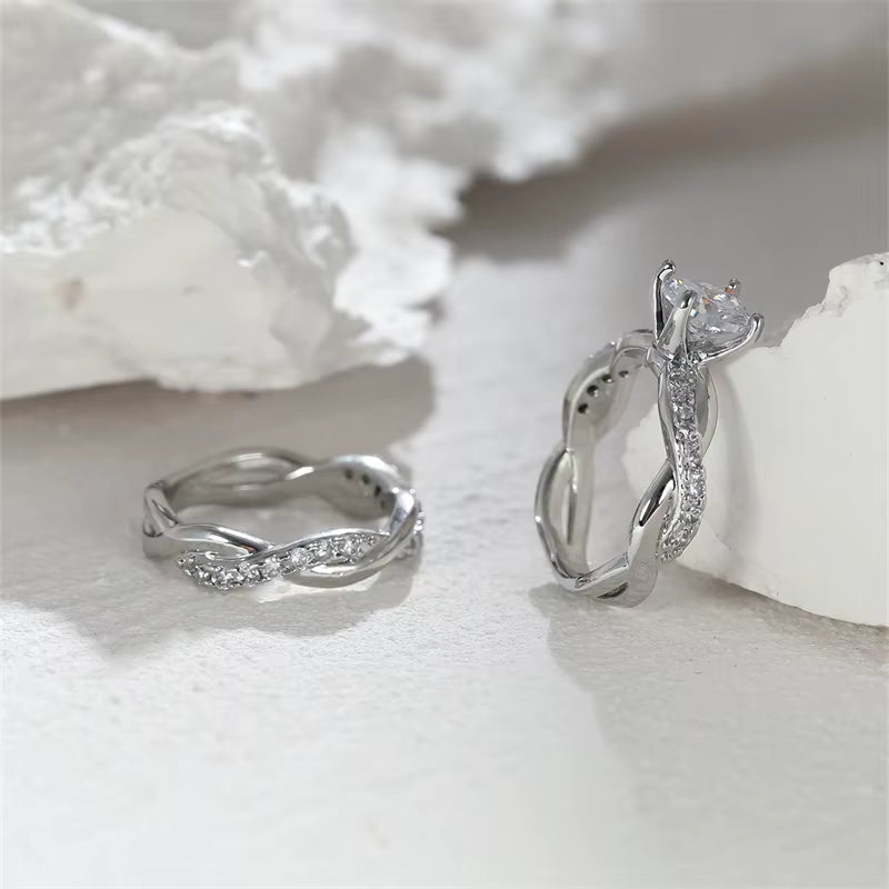 Elegant Zircon Wedding Ring Set for Women - Gold & Silver