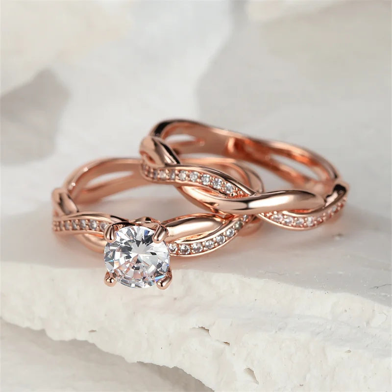 Elegant Zircon Wedding Ring Set for Women - Gold & Silver