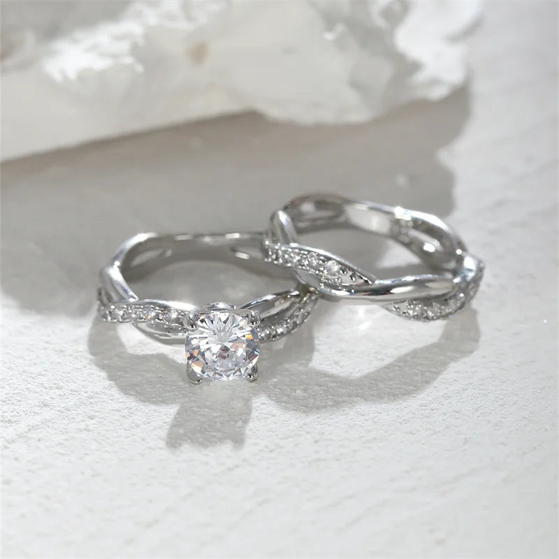 Elegant Zircon Wedding Ring Set for Women - Gold & Silver