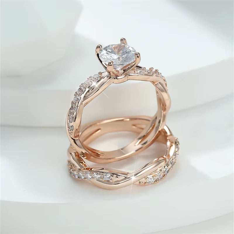 Elegant Zircon Wedding Ring Set for Women - Gold & Silver
